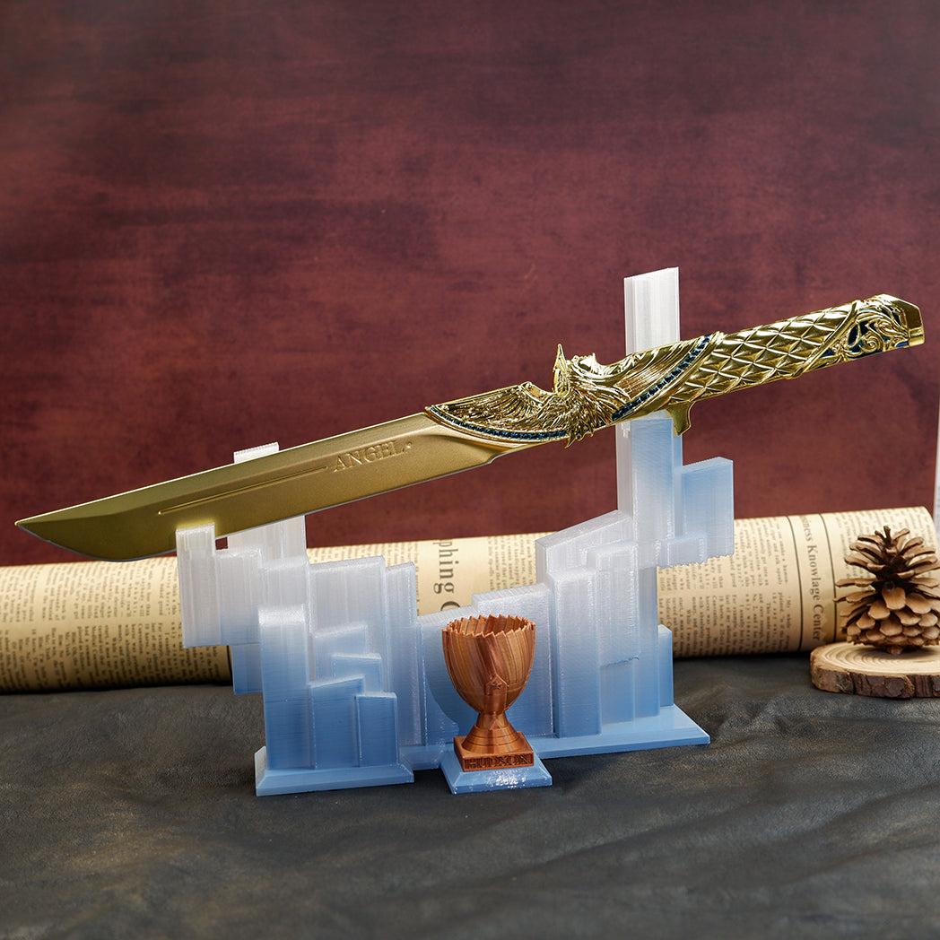 Valorant Champions Angel Knife 22cm gold zinc alloy replica with glacier display stand – top gaming collectible 2026