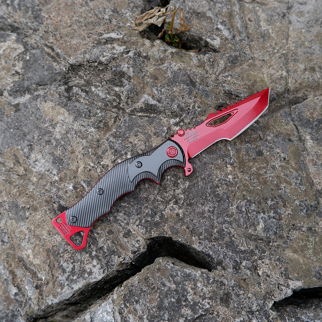 Valorant Inspired Mecha Red Tactical Folding Knife – Crimson Serrated Blade Cyberpunk EDC Collector Prop