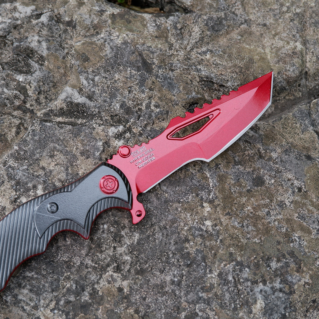 Valorant Inspired Mecha Red Tactical Folding Knife – Crimson Serrated Blade Cyberpunk EDC Collector Prop