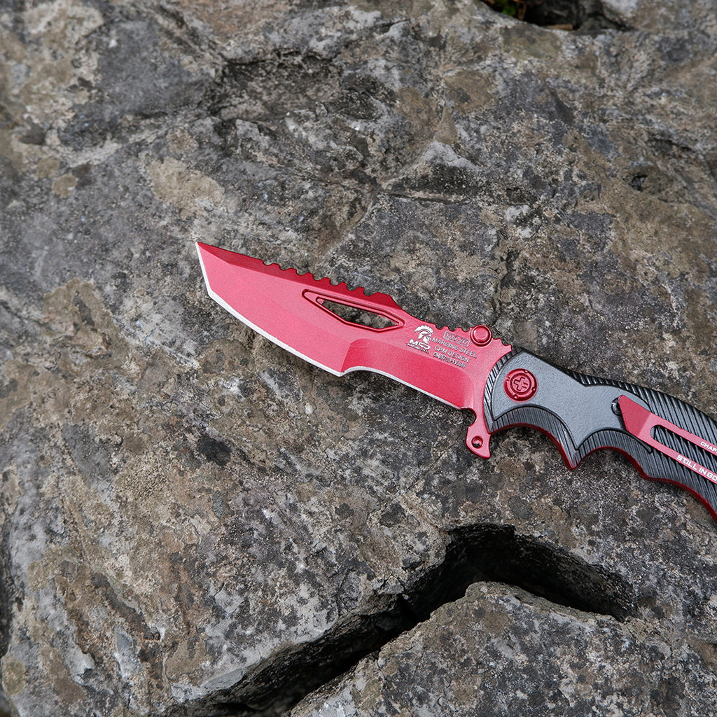 Valorant Inspired Mecha Red Tactical Folding Knife – Crimson Serrated Blade Cyberpunk EDC Collector Prop