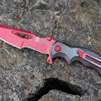 Valorant Inspired Mecha Red Tactical Folding Knife – Crimson Serrated Blade Cyberpunk EDC Collector Prop