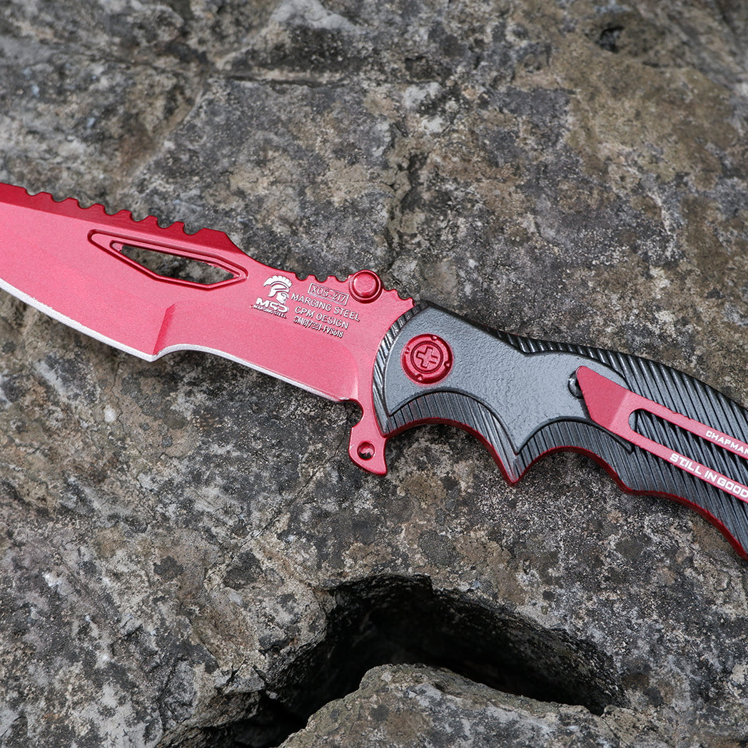Valorant Inspired Mecha Red Tactical Folding Knife – Crimson Serrated Blade Cyberpunk EDC Collector Prop