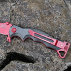 Valorant Inspired Mecha Red Tactical Folding Knife – Crimson Serrated Blade Cyberpunk EDC Collector Prop