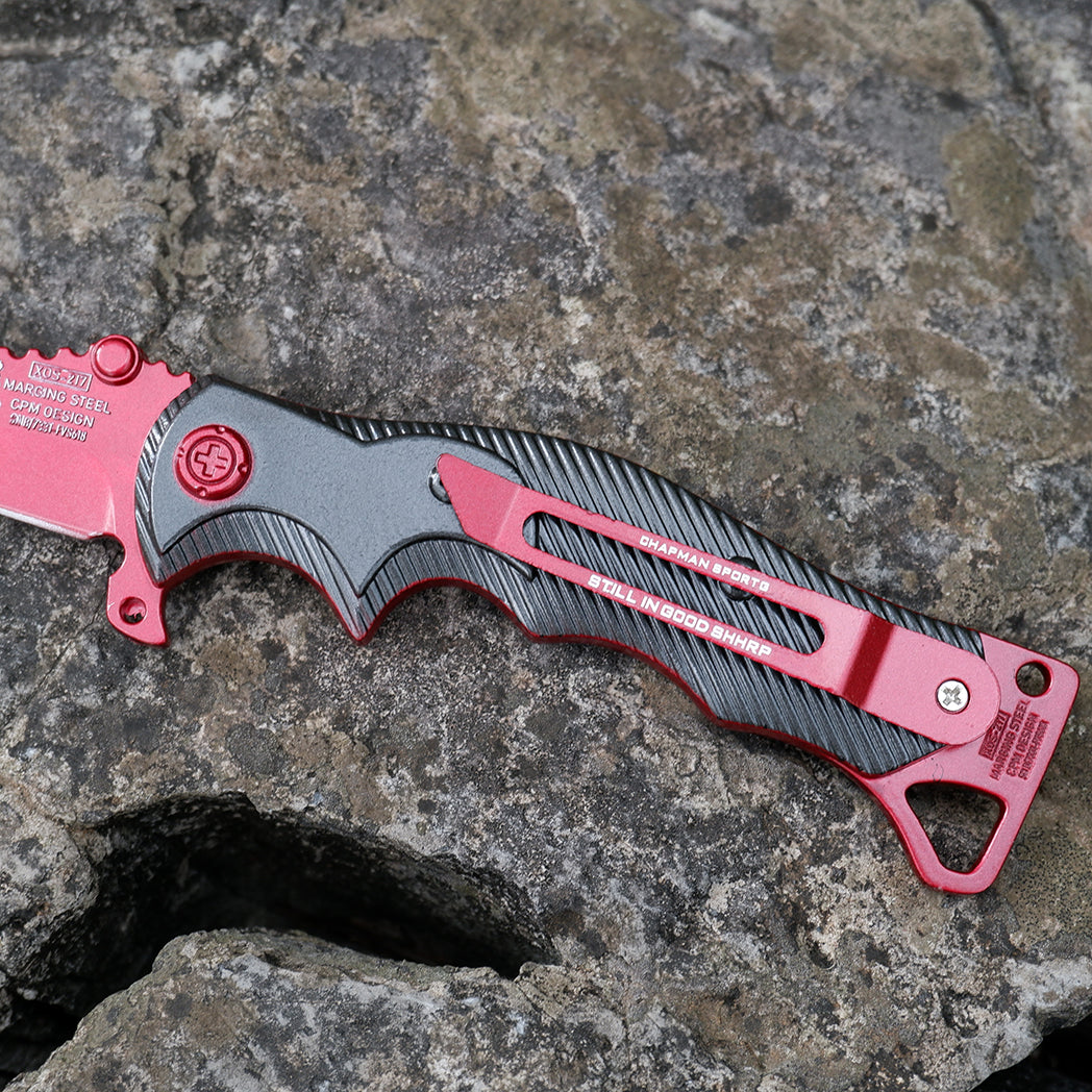 Valorant Inspired Mecha Red Tactical Folding Knife – Crimson Serrated Blade Cyberpunk EDC Collector Prop