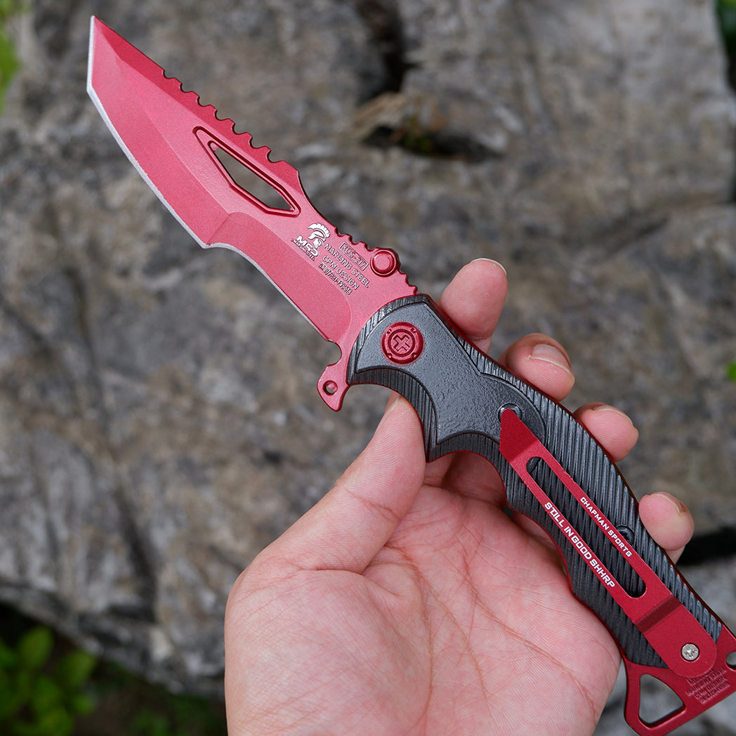 Valorant Inspired Mecha Red Tactical Folding Knife – Crimson Serrated Blade Cyberpunk EDC Collector Prop