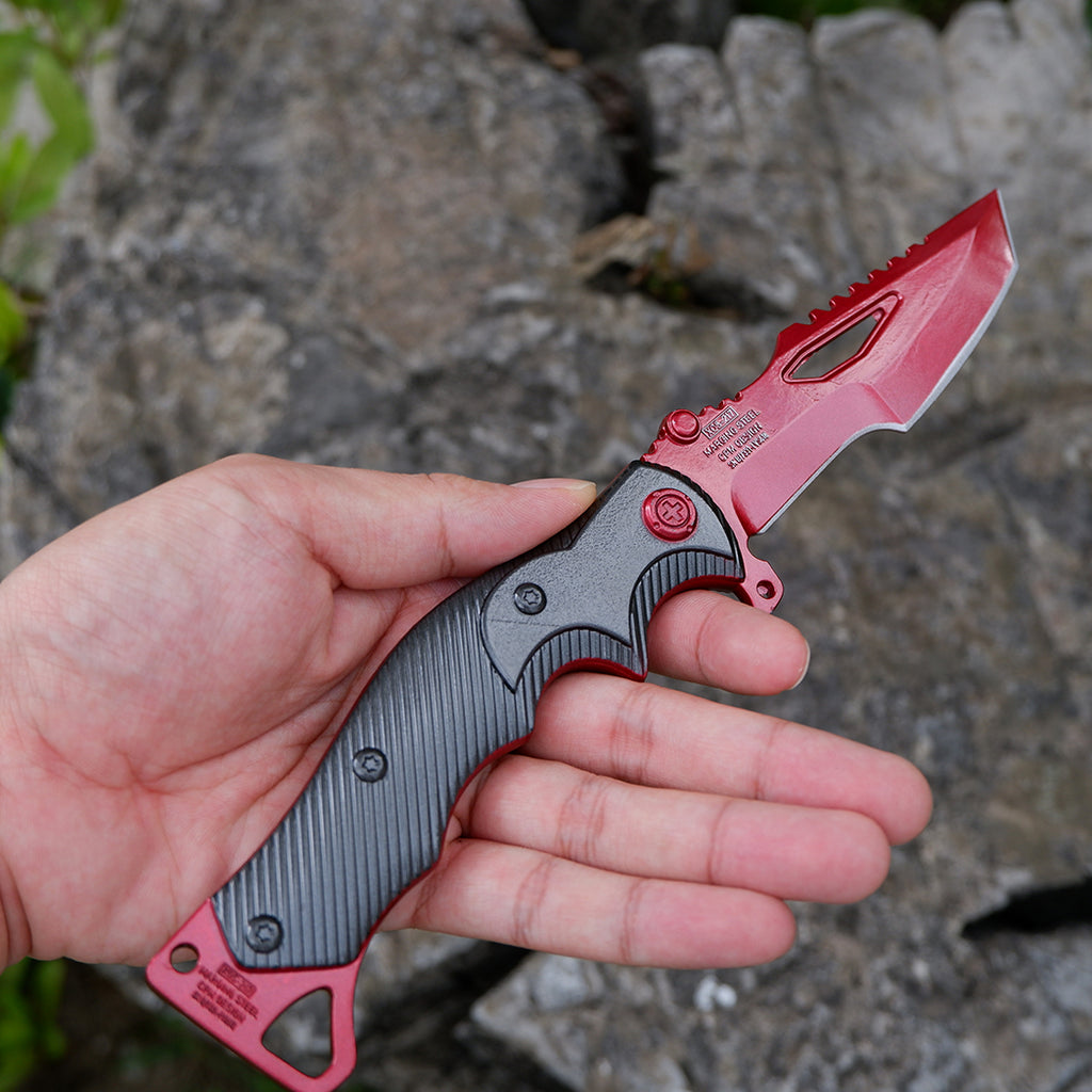 Valorant Inspired Mecha Red Tactical Folding Knife – Crimson Serrated Blade Cyberpunk EDC Collector Prop