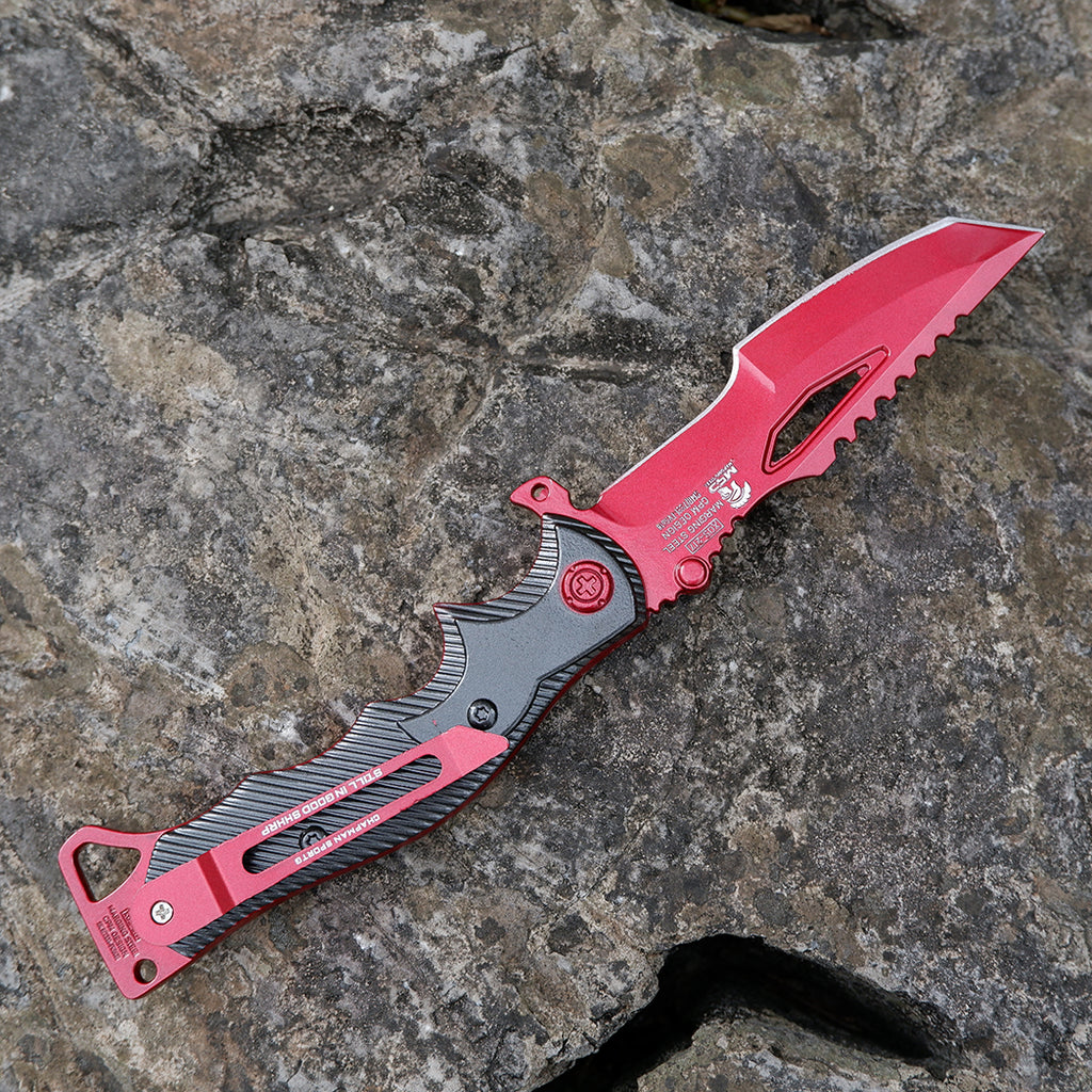 Valorant Inspired Mecha Red Tactical Folding Knife – Crimson Serrated Blade Cyberpunk EDC Collector Prop