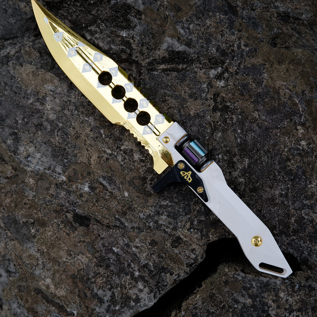 Valorant Sovereign Folding Pocket Knife – Luxury Mirror Gold & White Tactical EDC Collectible Toy Model with Spinning Energy Core