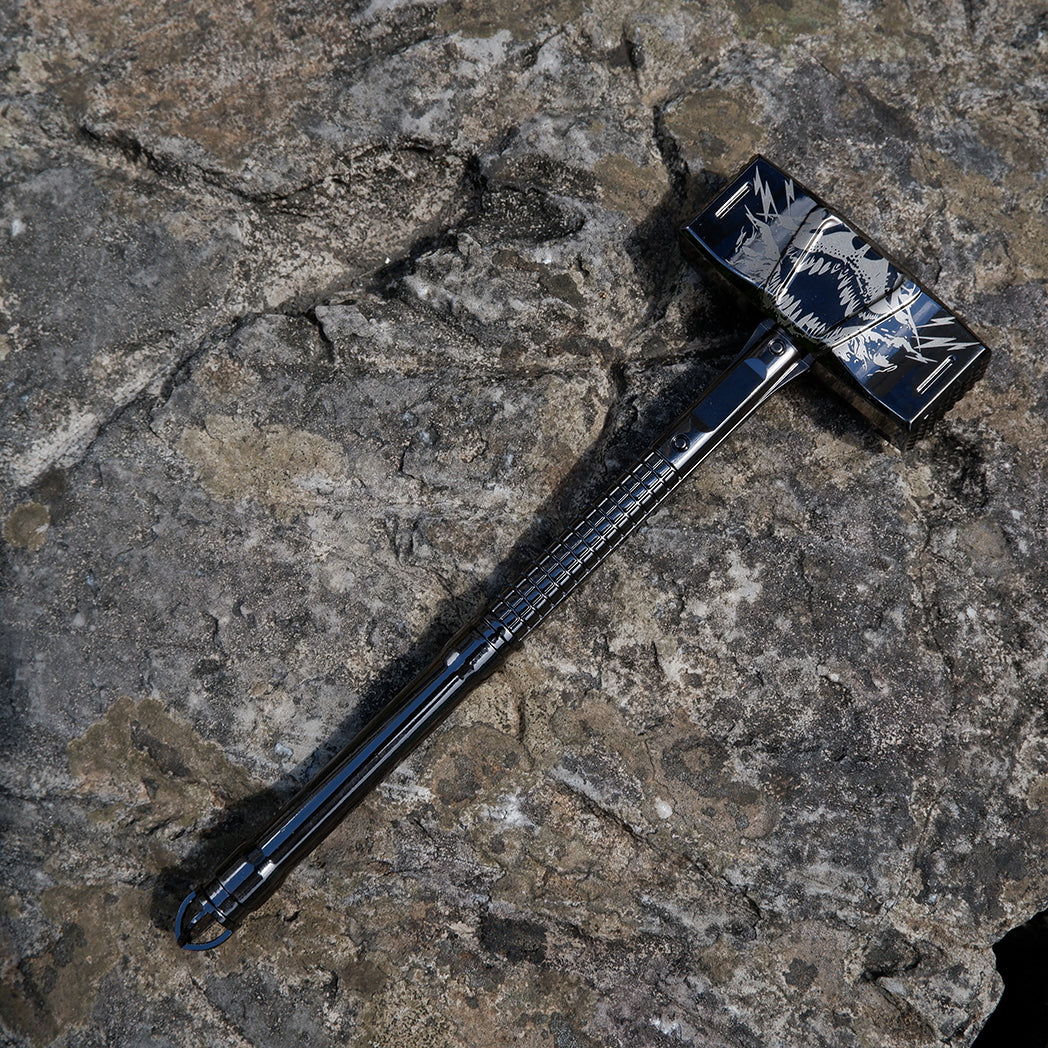 World of Warcraft Doomhammer Replica – Brushed Gunmetal Paladin Artifact with Engraved Wolf Crest | Metal Gaming Collectible