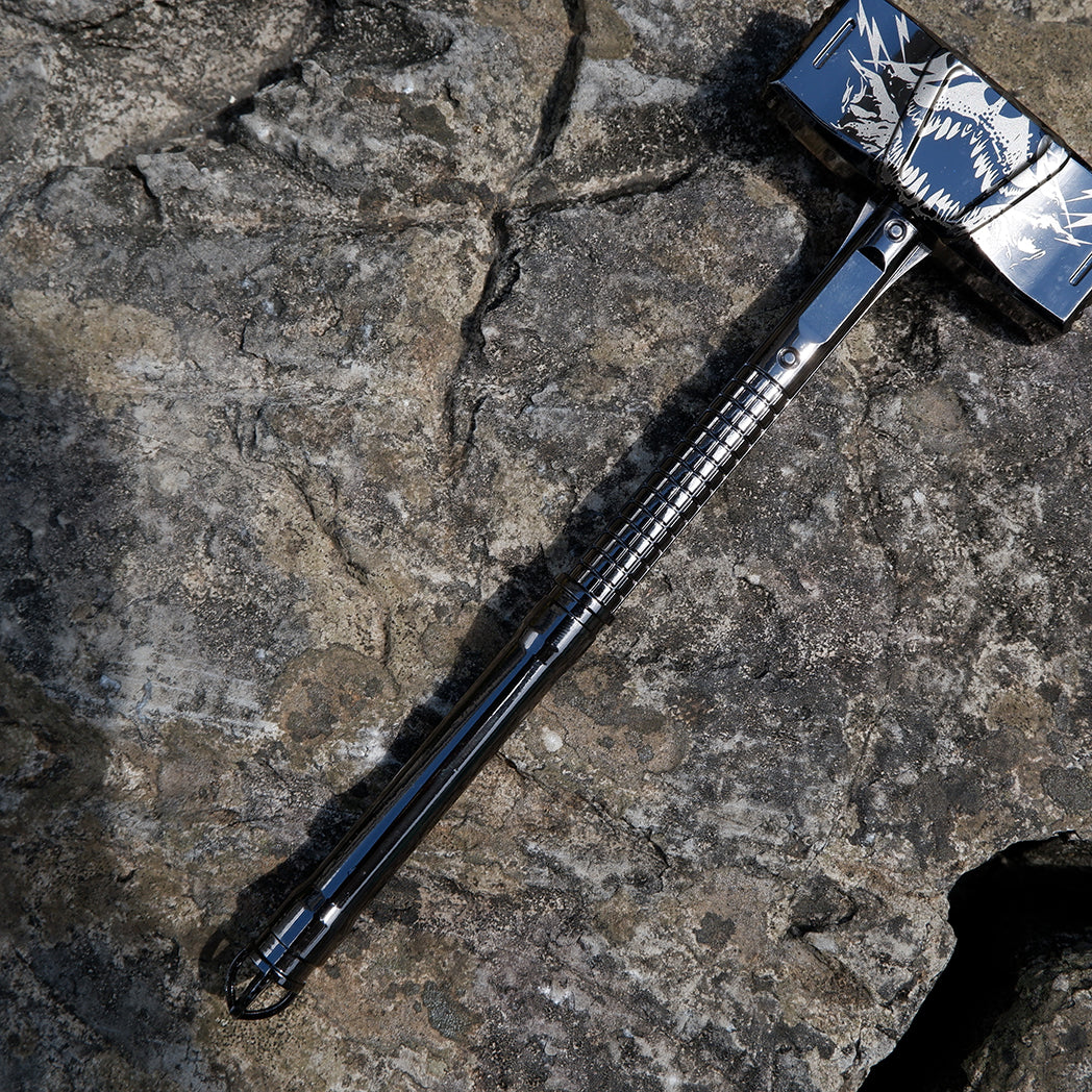 World of Warcraft Doomhammer Replica – Brushed Gunmetal Paladin Artifact with Engraved Wolf Crest | Metal Gaming Collectible
