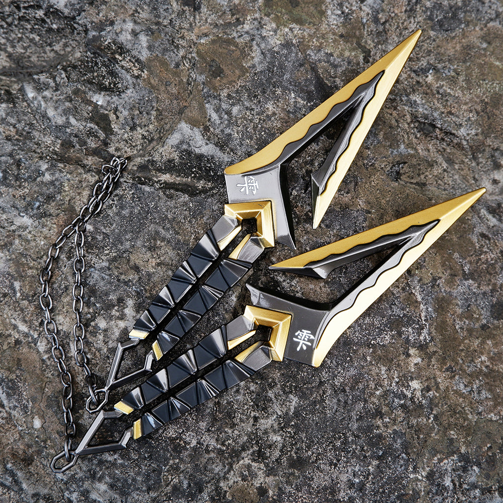Valorant Fade Boundless Envy Dagger – Luxury Gold & Gunmetal Metal Kunai Replica with Fidget Chains & Engraved Script