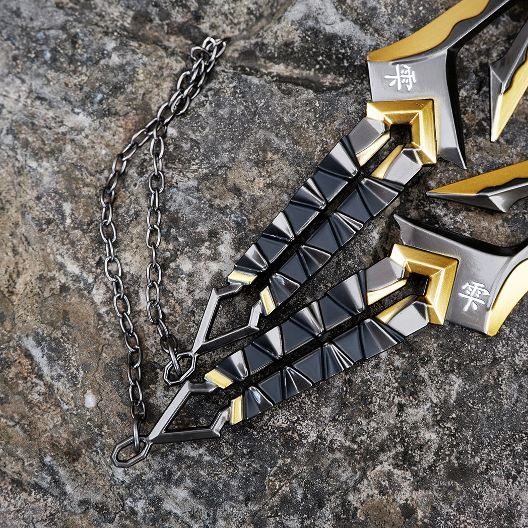 Valorant Fade Boundless Envy Dagger – Luxury Gold & Gunmetal Metal Kunai Replica with Fidget Chains & Engraved Script