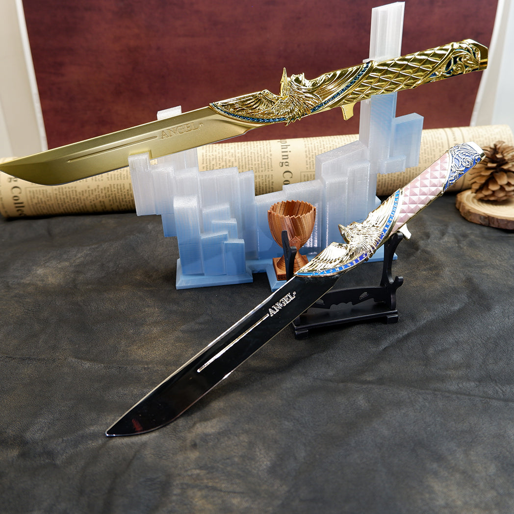 Valorant Champions Angel Knife 22cm Metal Replica with Glacier Stand – Zinc Alloy Gold or Black Angel Wing Dagger Collectible