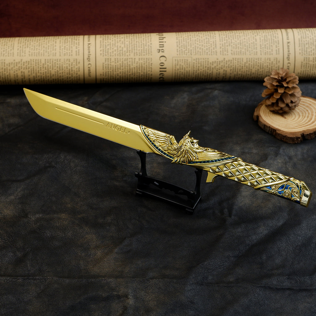 Valorant Champions Angel Knife 22cm Metal Replica with Glacier Stand – Zinc Alloy Gold or Black Angel Wing Dagger Collectible