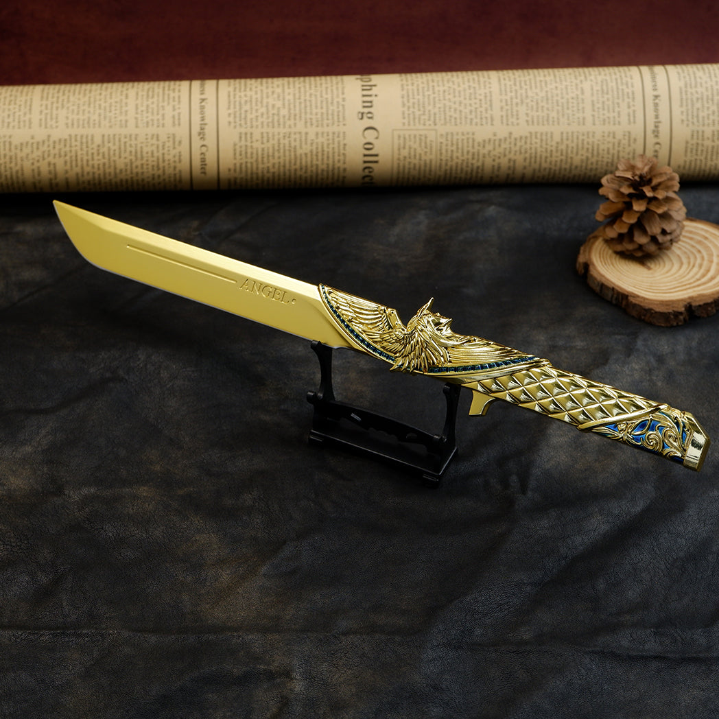 Valorant Champions Angel Knife 22cm Metal Replica with Glacier Stand – Zinc Alloy Gold or Black Angel Wing Dagger Collectible