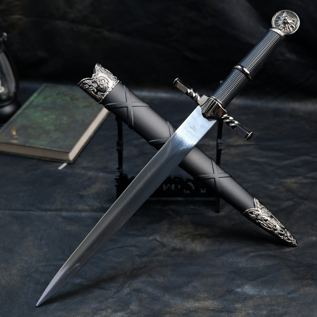 The Witcher 3 Geralt Steel Sword 22cm Metal Replica with Scabbard & Stand – Zinc Alloy Wolf Medallion Pommel Collectible