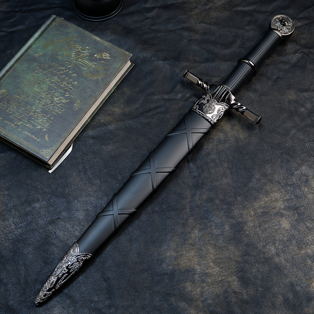 The Witcher 3 Geralt Steel Sword 22cm Metal Replica with Scabbard & Stand – Zinc Alloy Wolf Medallion Pommel Collectible