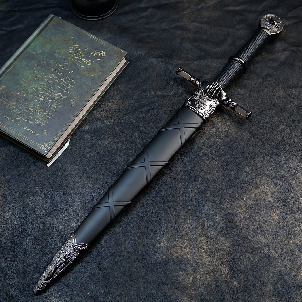 The Witcher 3 Geralt Steel Sword 22cm Metal Replica with Scabbard & Stand – Zinc Alloy Wolf Medallion Pommel Collectible