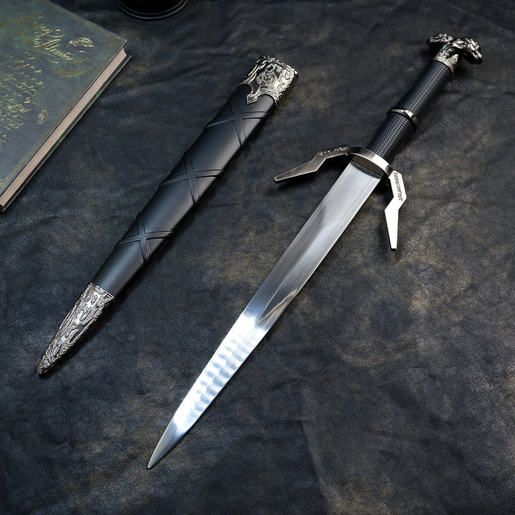 The Witcher 3 Geralt Silver Sword 22cm Metal Replica with Scabbard – Zinc Alloy Wolf School Twin Wolf Pommel Collectible