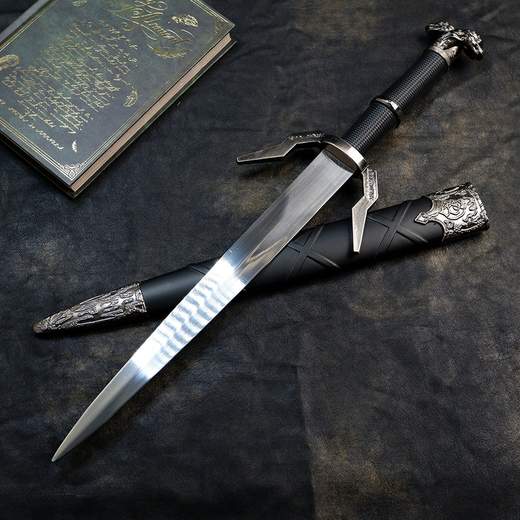 The Witcher 3 Geralt Silver Sword 22cm Metal Replica with Scabbard – Zinc Alloy Wolf School Twin Wolf Pommel Collectible