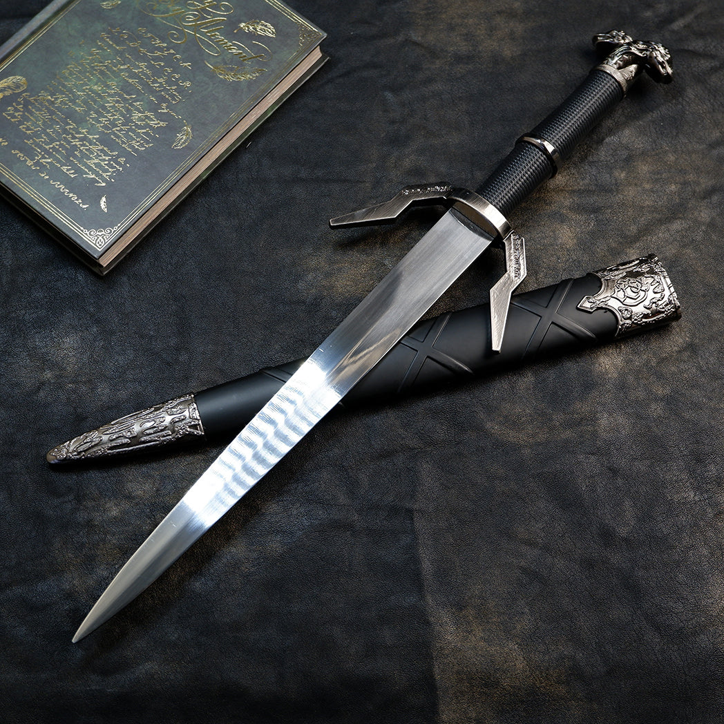 The Witcher 3 Geralt Silver Sword 22cm Metal Replica with Scabbard – Zinc Alloy Wolf School Twin Wolf Pommel Collectible